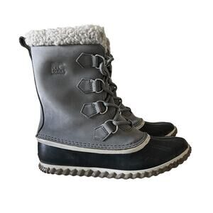 SOREL Caribou Slim Gray Waterproof Snow Boots Sz 9 Faux Fur Insulated Leather